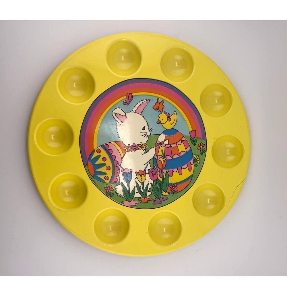 Vintage 1980s Yellow Multi Color Easter Egg Displayer Bunny Duck Tulips - Picture 4 of 4